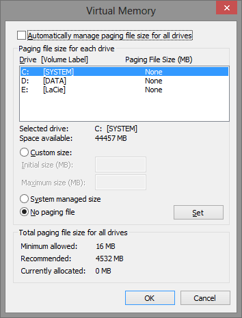 Virtual Memory Settings Virtual Memory Settings